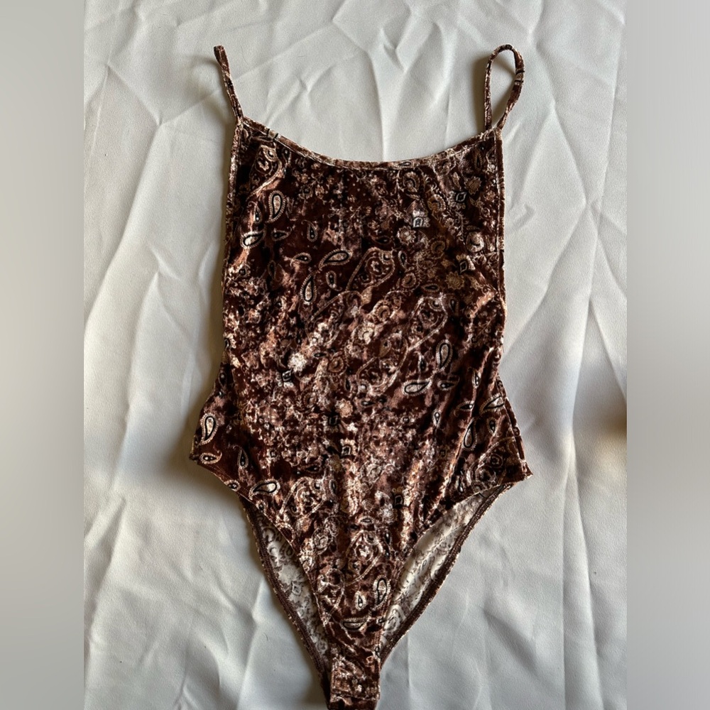 Bear Dance Bodysuit Size small Brown, patterned and velvet feel.